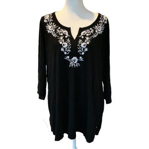 Talbots Black Cotton Knit Tunic with Notched Neckline, White Embroidery, Sz 1X